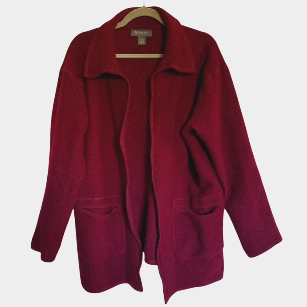 Vintage Lane Bryant Designs & Co Boiled Wool Cranberry Red open Front Coat 14/16